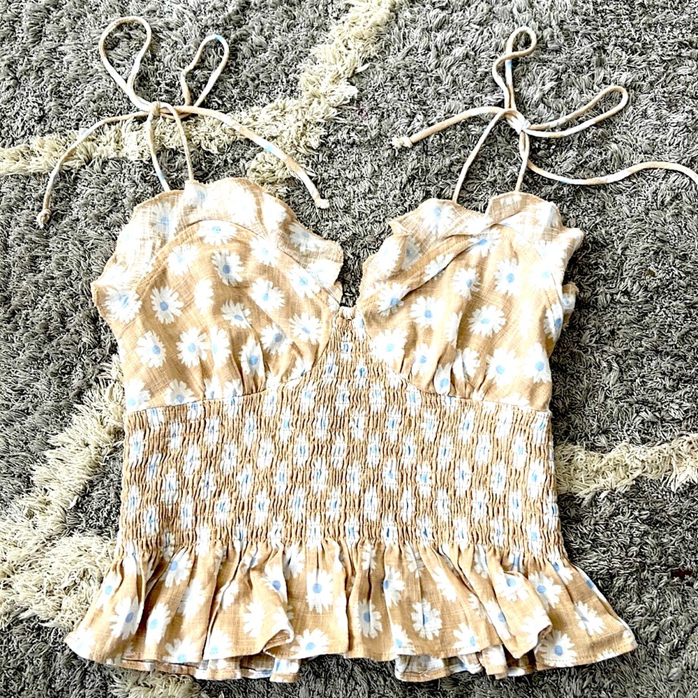 Forever 21 Tie Tank Top, Cream, Flowers